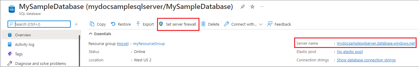 A screenshot that shows where to copy your server name, and set server firewall on the toolbar.