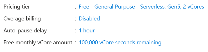 Screenshot from the Azure portal of free monthly vCore seconds amount remaining.