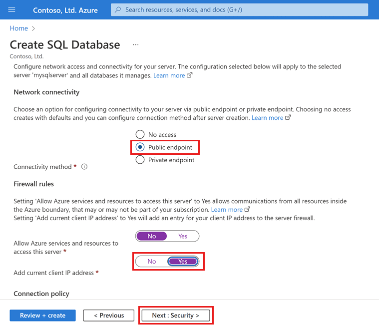 Screenshot of the networking configuration page for a new database that enables you to configure endpoints and optionally add a firewall rule for your client IP address.