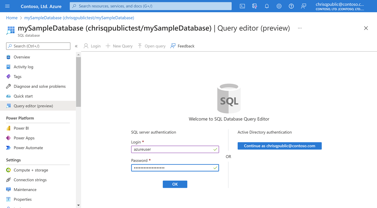 Screenshot of the Query editor (preview) pane in Azure SQL Database gives two options for authentication. In this example, we have filled in Login and Password under SQL server authentication.