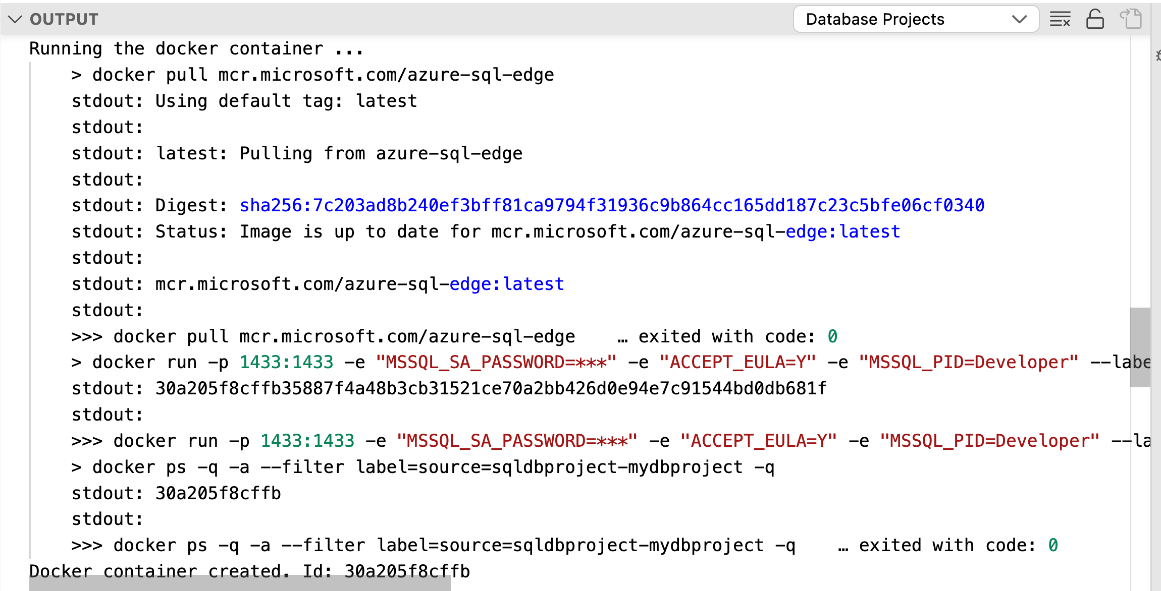 Screenshot of managing the Azure SQL Database emulator through the C L I.