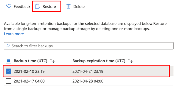 Screenshot of the Azure portal where you can restore from available LTR backup.