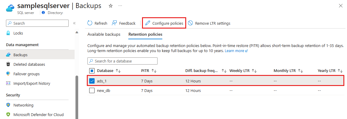 Screenshot of the Azure portal of the retention policies tab to configure backup retention policies.