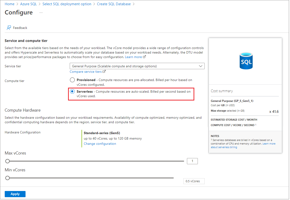Screenshot of the Azure portal showing provisioning example for Azure SQL Database Serverless.