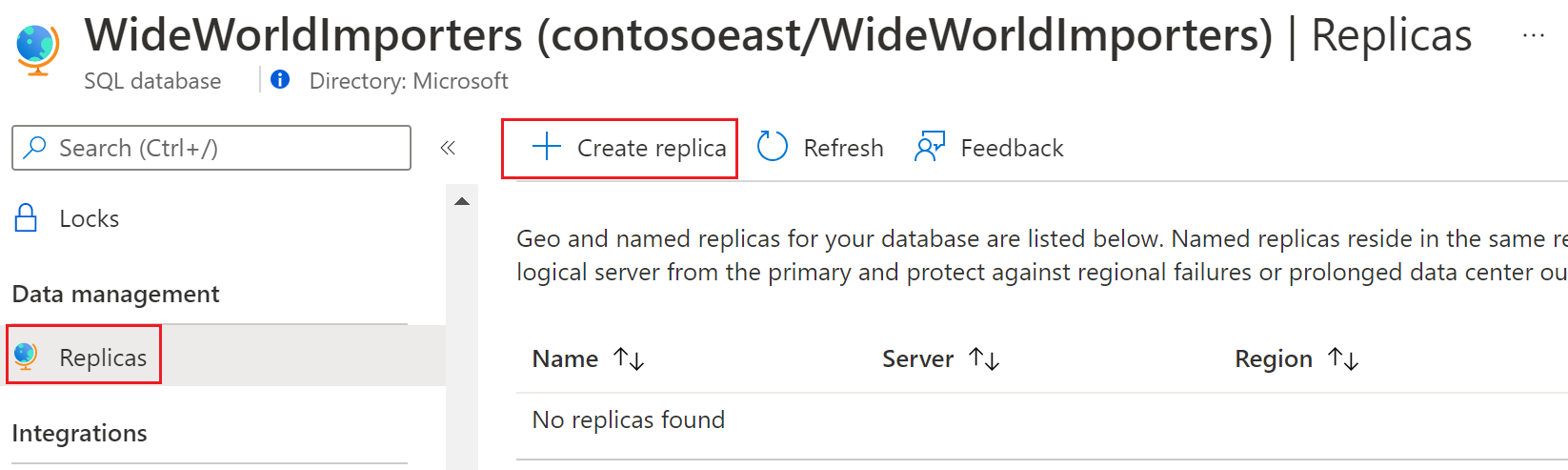 Screenshot that shows create named replica step.