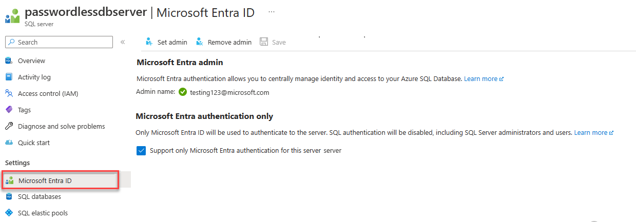 A screenshot showing how to enable Microsoft Entra authentication.