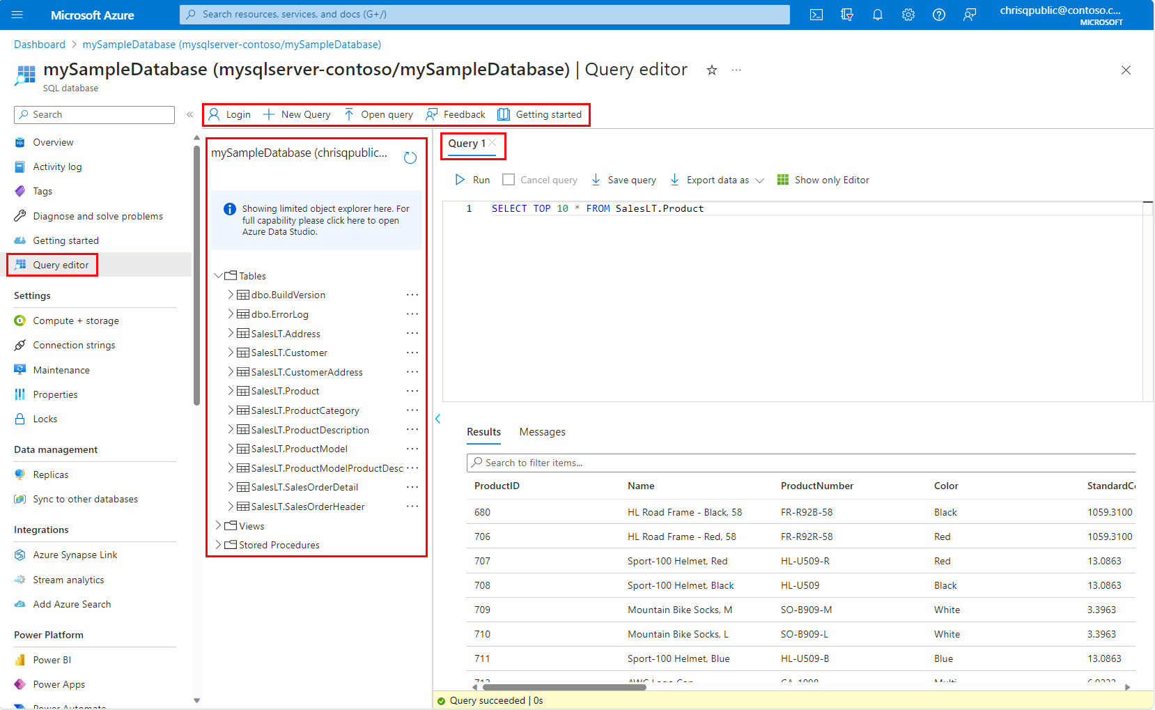 Screenshot from the Azure portal showing red rectangles highlighting the Query editor in the main menu and the Navigation bar, Object Explorer, and Query window.