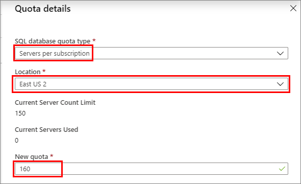 Screenshot of the Azure portal, Servers quota details.