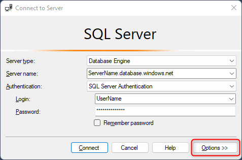 Screenshot showing the SSMS Options button.