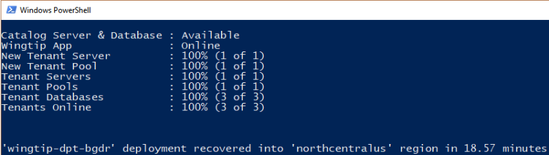 Screenshot that shows the PowerShell window where you can monitor the status of the recovery process.
