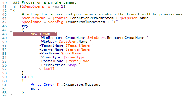 Screenshot shows a script with New-Tenant highlighted for adding a breakpoint.