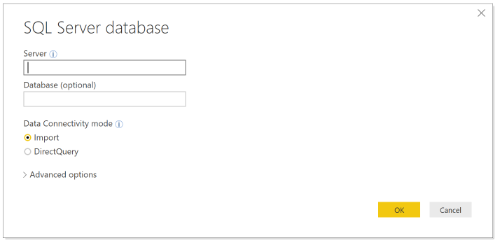 Screenshot shows SQL Server database dialog box where you can enter the Server and Database.