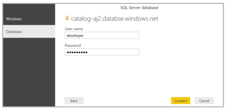 Screenshot shows the SQL Server database dialog where you can enter a User name and Password.