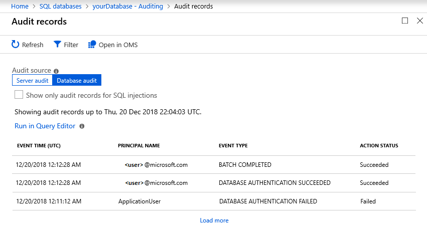 Screenshot of the Azure portal page showing Audit records for a SQL database.