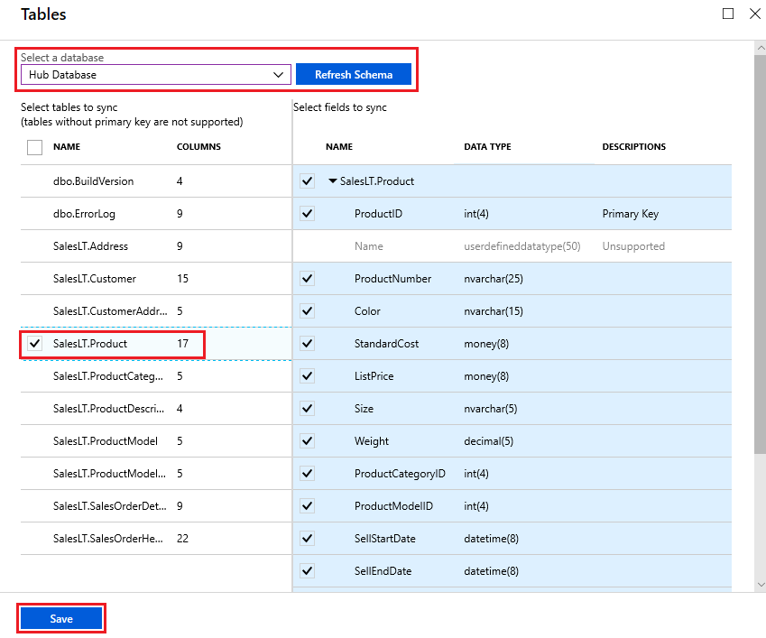 A screenshot from the Azure portal, on the Tables page, select tables and fields to sync.