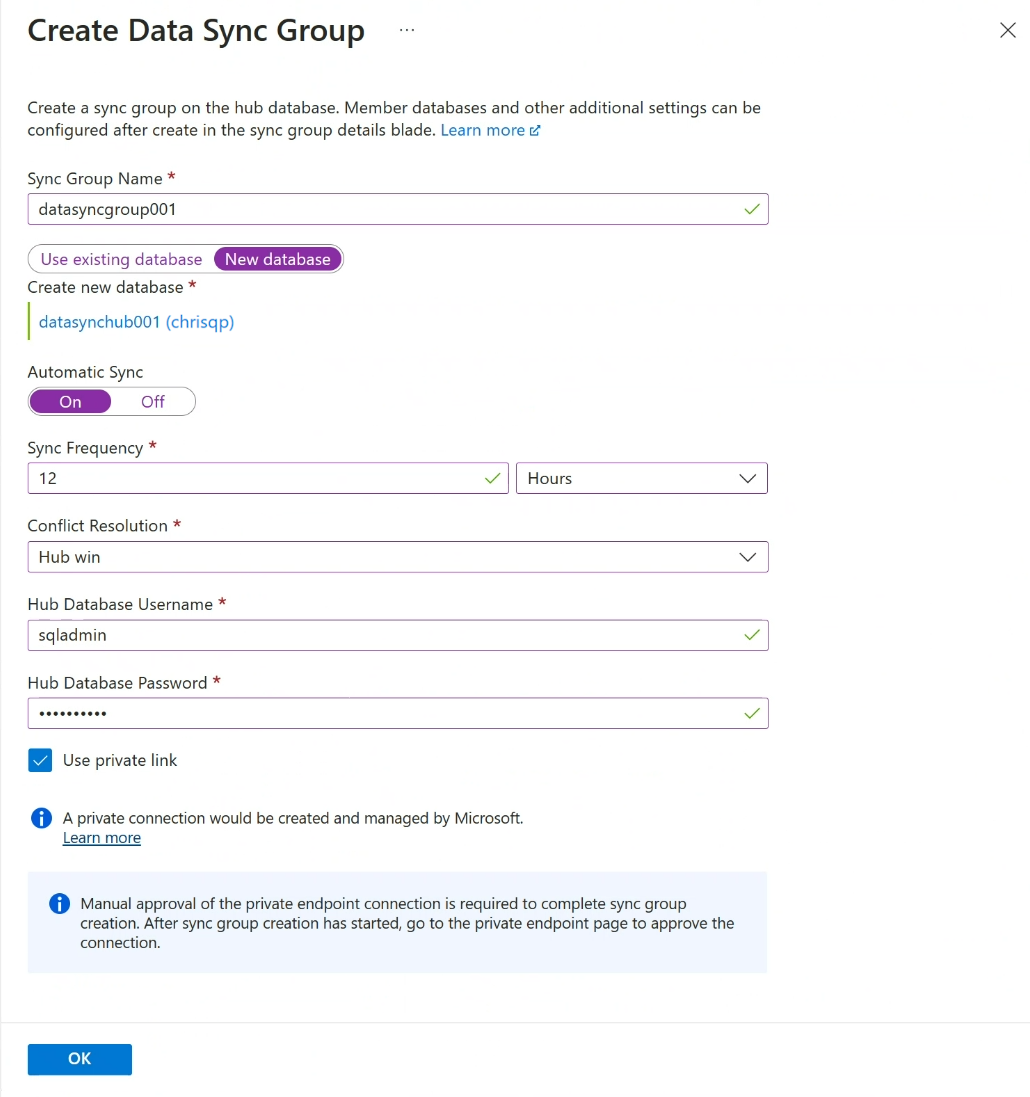 A screenshot from the Create Data Sync page of the Azure portal, creating a new Sync Metadata Database to use with Automatic Sync.