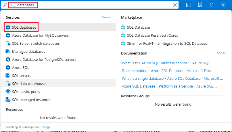 A screenshot of the Azure portal search for databases.