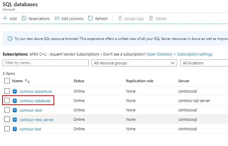 A screenshot from the Azure portal showing where to select from the database list.