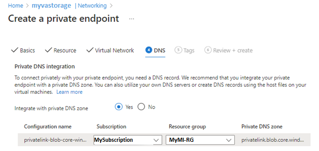 Screenshot shows private endpoint creation DNS tab.