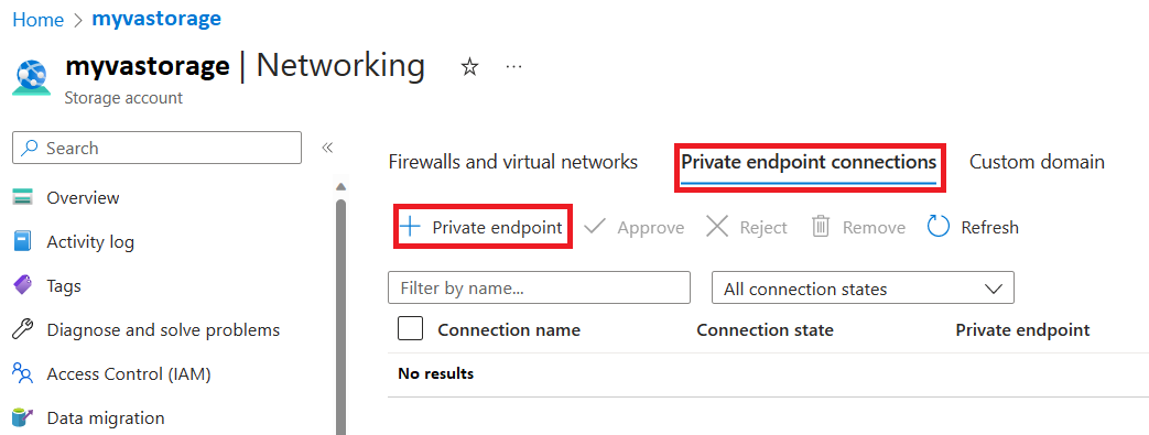 Screenshot shows add private endpoint button.