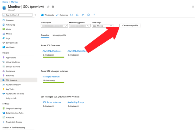 Screenshot of the Azure Monitor page in Azure portal. The create new profile button is highlighted.