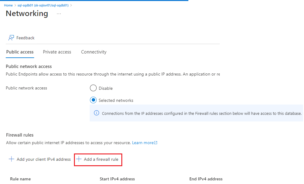 Screenshot of an Azure SQL Database Firewall settings page in the Azure portal. Firewall settings.