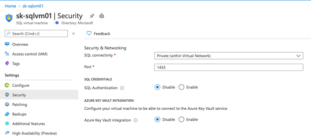 A screenshot of the SQL virtual machine Security page in the Azure portal. The SQL virtual machine security page has a Security & networking section with a Port field.