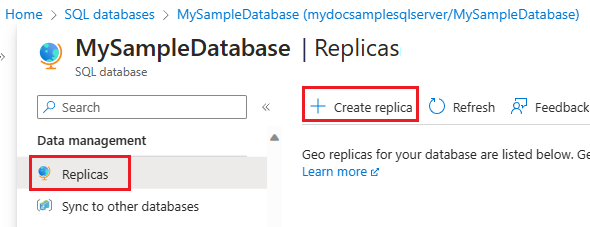 Screenshot of the Replicas page for the SQL database in the Azure portal.
