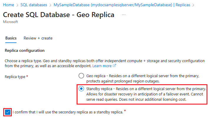 Screenshot of the Create geo replica page with standby replica highlighted in the Azure portal.