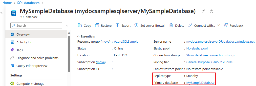 Screenshot of the Overview page for SQL database in the Azure portal with replica type highlighted.