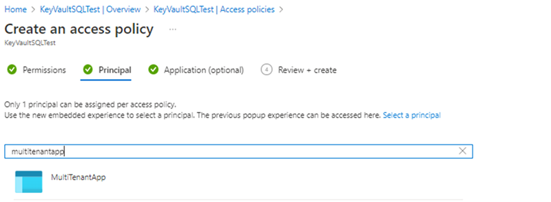 Screenshot of the access policy menu of a key vault in the Azure portal.