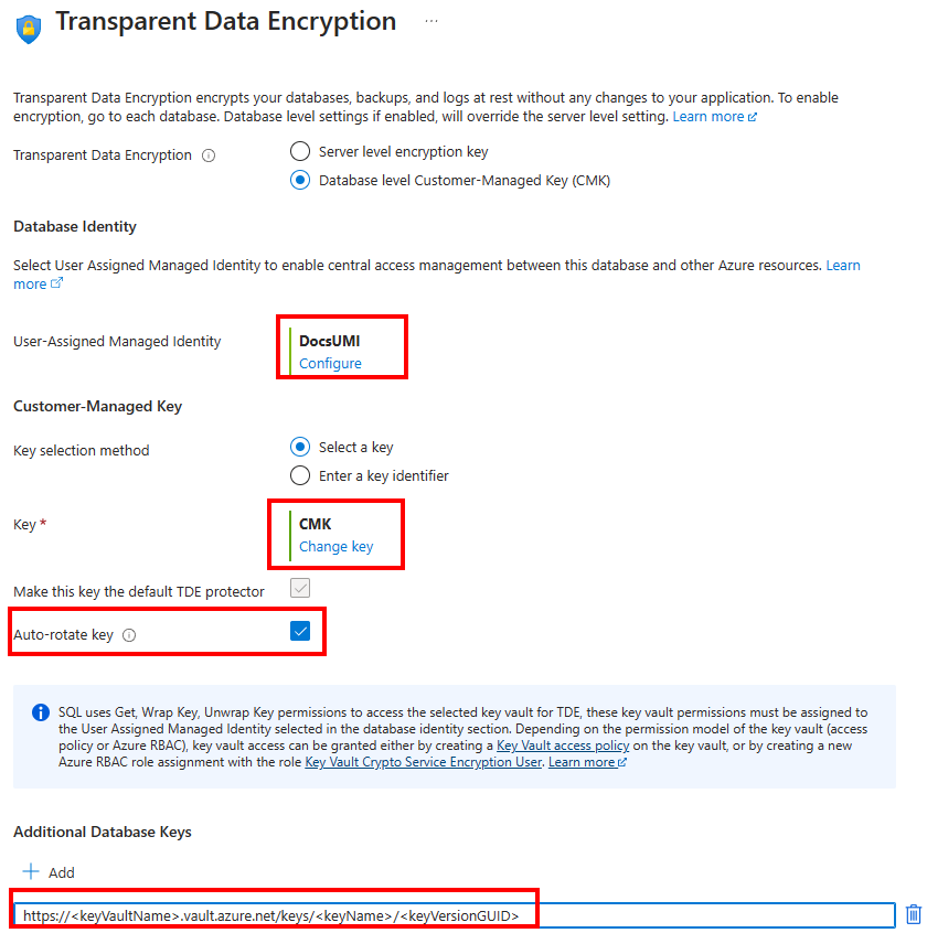 Screenshot of the transparent data encryption menu in the Azure portal referencing adding additional keys.