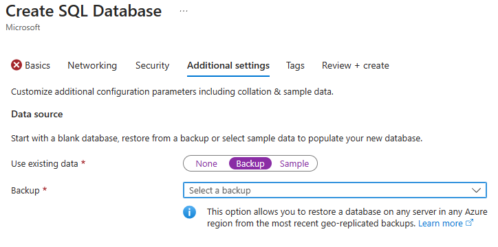 Screenshot of the Azure portal create database menu selecting a backup to use for the database.
