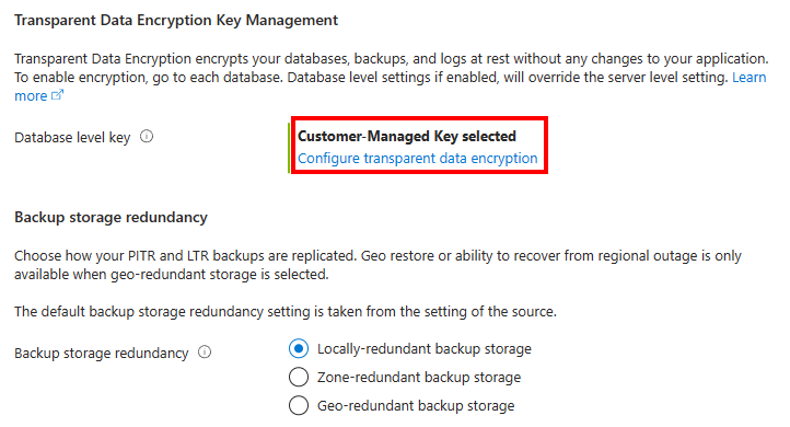 Screenshot of the Azure portal copy database menu with the transparent data encryption key management section expanded.