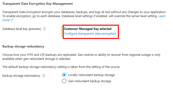 Screenshot of the Azure portal restore database menu with the transparent data encryption key management section expanded.