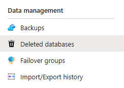 Screenshot of the Azure portal deleted databases menu.