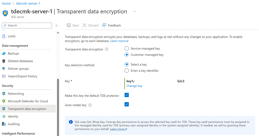 Screenshot of auto rotate key configuration for transparent data encryption in a geo-replication scenario on the primary server.