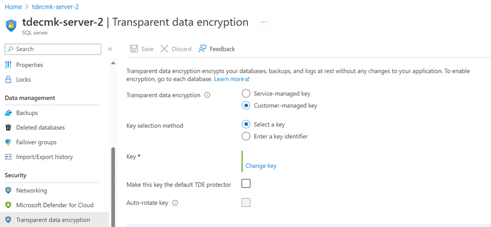 Screenshot of auto rotate key configuration for transparent data encryption in a geo-replication scenario on the secondary server.