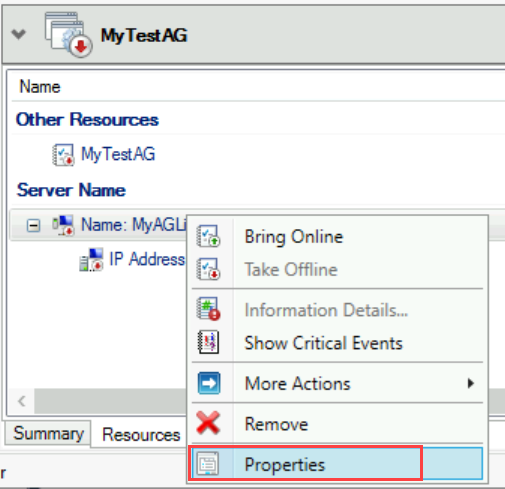 Screenshot of Failover Cluster Manager that shows the Properties menu option for the listener's name.