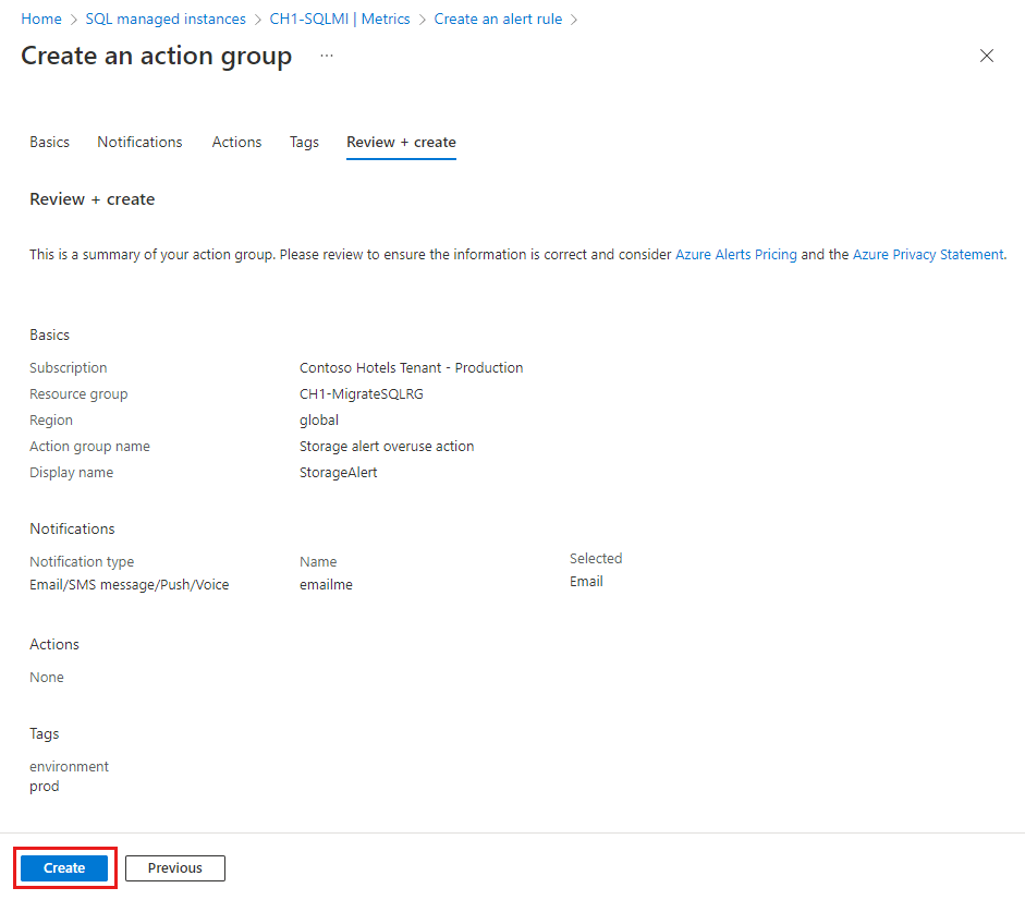 Screenshot of the Review and create tab of the Create an action group dialog box in the Azure portal with the Create button highlighted.