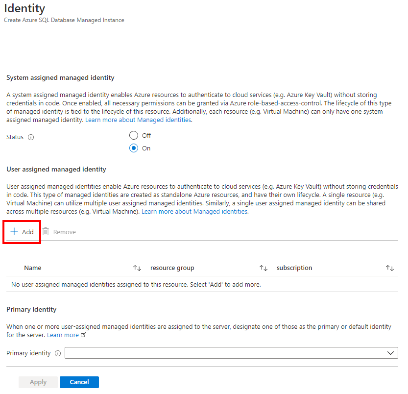 Azure portal screenshot of adding user assigned managed identity when configuring managed instance identity.