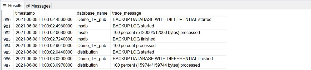 XEvent output showing differential backups