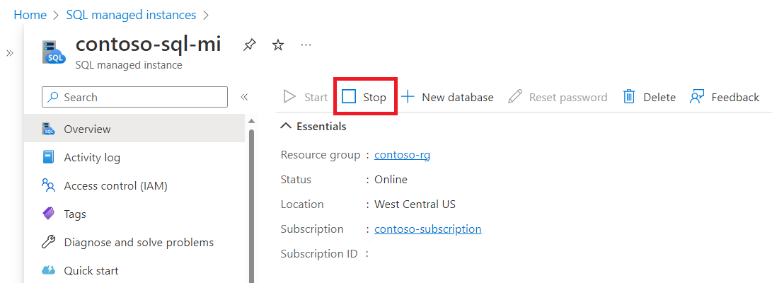 Screenshot of the managed instance 'Overview' page in the Azure portal, with the 'Stop' button highlighted. 