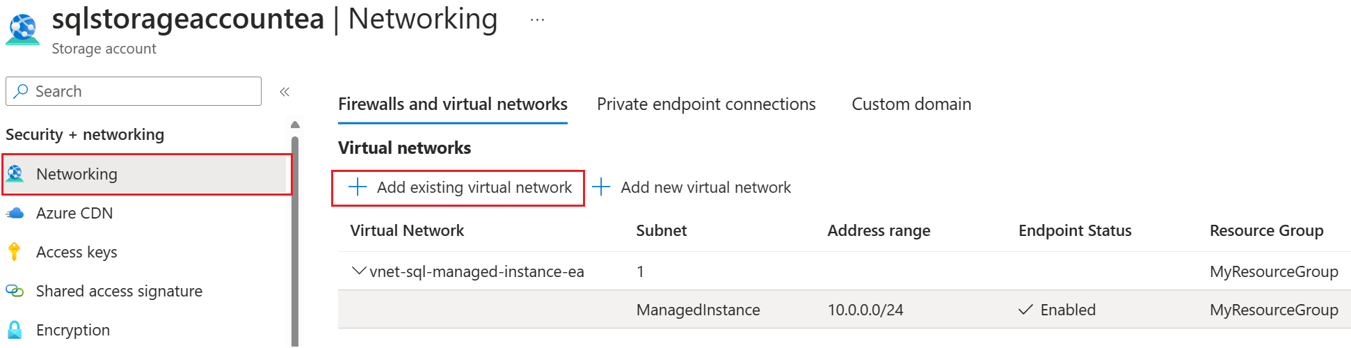 Screenshot of the Storage Account Networking page of the Azure portal, with Add existing virtual network selected.