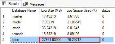 Screenshot with results of the command showing log file size and space used