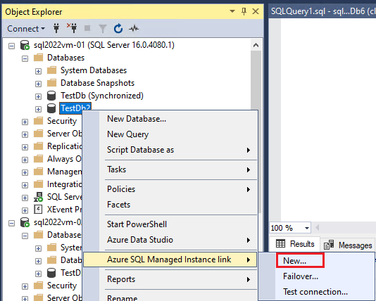Screenshot that shows a database's context menu option to create a new link.