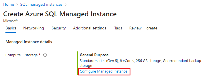 Screenshot of creating a new managed instance in the Azure portal with configure managed instance selected. 