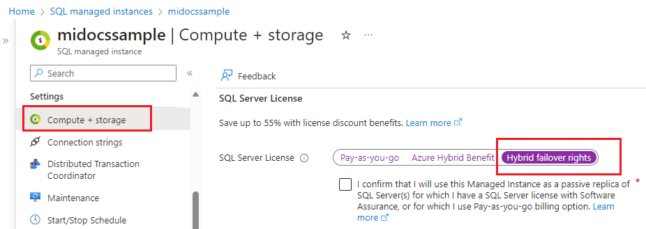 Screenshot of the compute and storage page for your managed instance in the Azure portal with hybrid failover rights highlighted. 