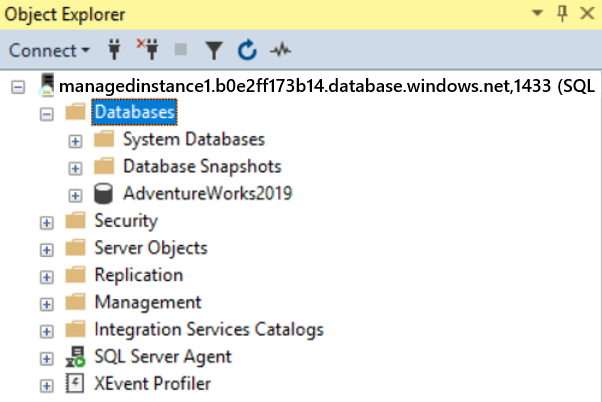 Screenshot that shows a database on SQL Managed Instance in S S M S.