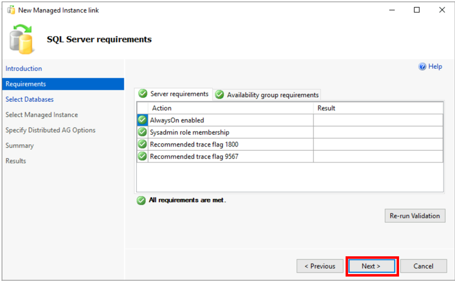Screenshot that shows the Requirements page for a Managed Instance link.